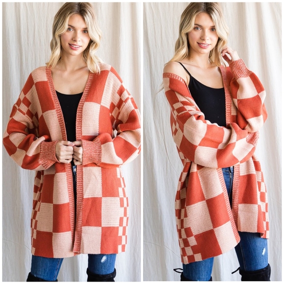 JODIFL Sweaters - JODIFL Oversized Checkered Rust Open Cardigan